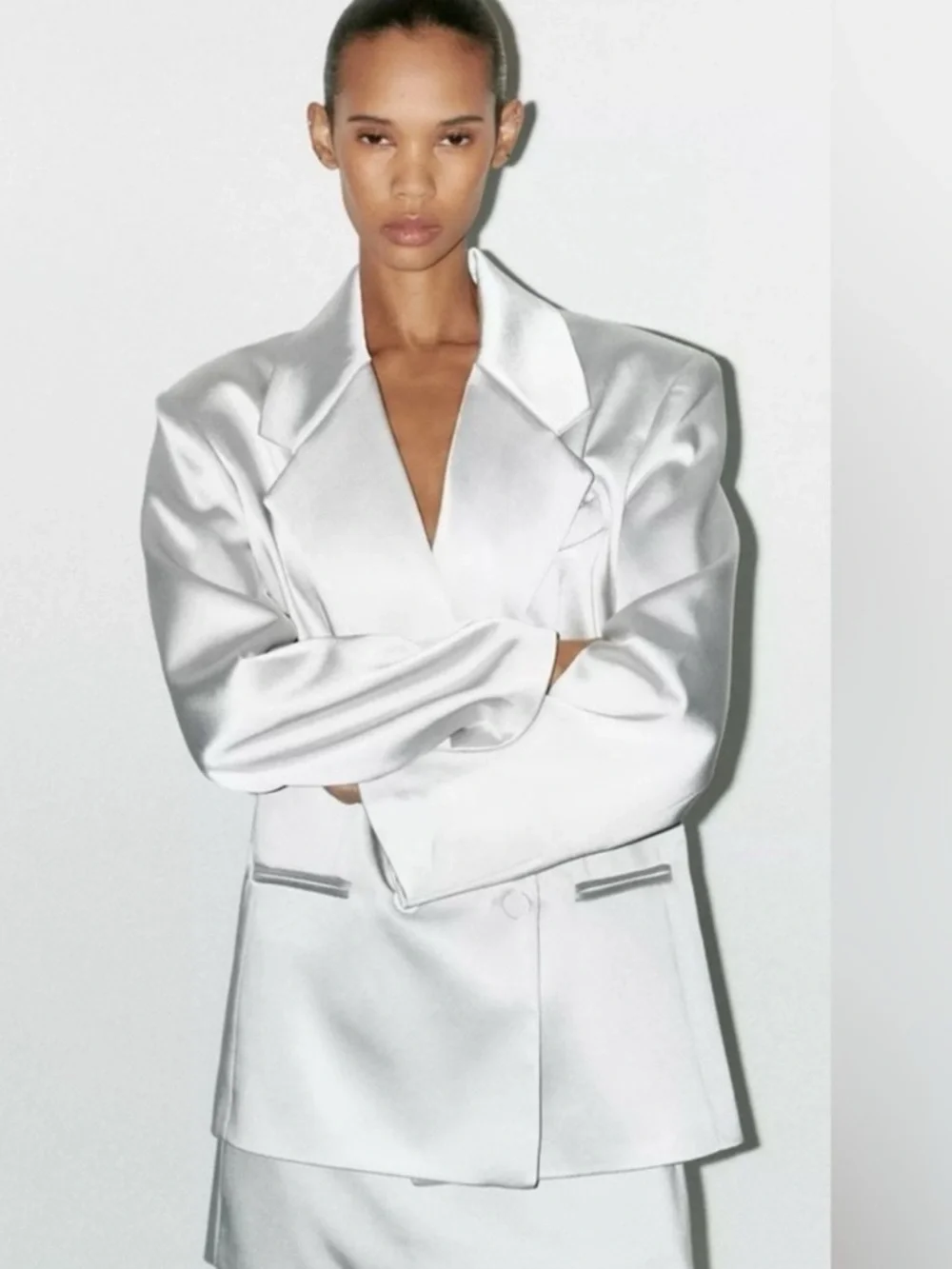 Zara Satin oversized Double-Breasted Light Silver Blazer - Picture 8 of 10